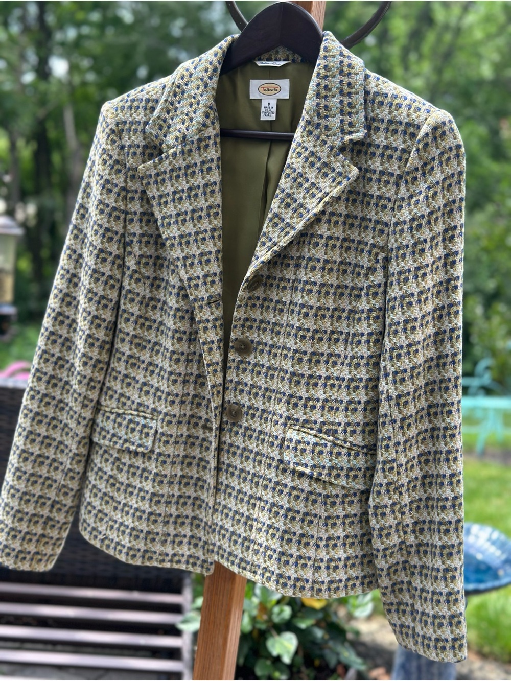 Talbots Italian Fabric Old Money Tweed Blazer Jacket Size 8 Olive Blue USA